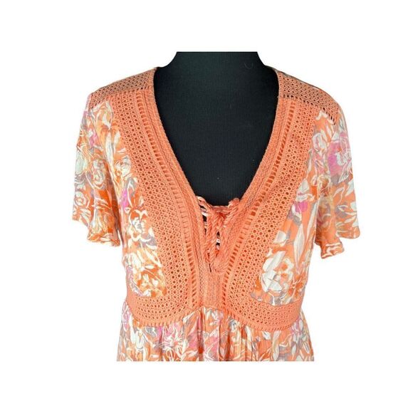 Torrid 1x Lace Up Tea Length Dress Crinkle Gauze Floral Coral dress flutter - Picture 3 of 7